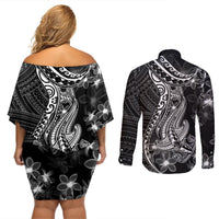 Black Polynesia Couples Matching Off Shoulder Short Dress and Long Sleeve Button Shirt Shark Tattoo With Polynesian Plumeria LT14 - Polynesian Pride