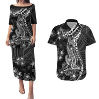 Black Polynesia Couples Matching Puletasi Dress and Hawaiian Shirt Shark Tattoo With Polynesian Plumeria LT14 Black - Polynesian Pride
