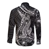 Black Polynesia Long Sleeve Button Shirt Shark Tattoo With Polynesian Plumeria LT14 - Polynesian Pride