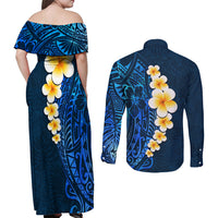 Blue Polynesia Couples Matching Off Shoulder Maxi Dress and Long Sleeve Button Shirt Plumeria Tropical Leaves With Galaxy Polynesian Art LT14 - Polynesian Pride