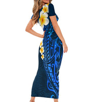 Blue Polynesia Short Sleeve Bodycon Dress Plumeria Tropical Leaves With Galaxy Polynesian Art LT14 - Polynesian Pride