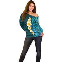 Turquosie Polynesia Off Shoulder Sweater Plumeria Tropical Leaves With Galaxy Polynesian Art LT14 - Polynesian Pride