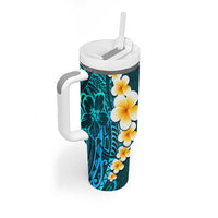 Turquosie Polynesia Tumbler With Handle Plumeria Tropical Leaves With Galaxy Polynesian Art LT14 - Polynesian Pride