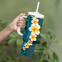 Turquosie Polynesia Tumbler With Handle Plumeria Tropical Leaves With Galaxy Polynesian Art LT14 - Polynesian Pride