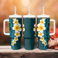 Turquosie Polynesia Tumbler With Handle Plumeria Tropical Leaves With Galaxy Polynesian Art LT14 - Polynesian Pride