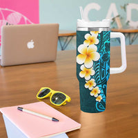 Turquosie Polynesia Tumbler With Handle Plumeria Tropical Leaves With Galaxy Polynesian Art LT14 - Polynesian Pride