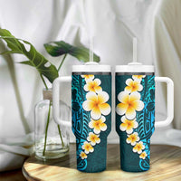 Turquosie Polynesia Tumbler With Handle Plumeria Tropical Leaves With Galaxy Polynesian Art LT14 - Polynesian Pride