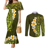 Lime Green Tropical Plumeria With Galaxy Polynesian Art Couples Matching Mermaid Dress and Long Sleeve Button Shirt LT14 Lime Green - Polynesian Pride