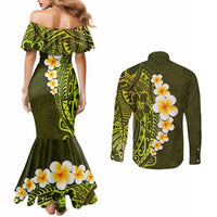 Lime Green Tropical Plumeria With Galaxy Polynesian Art Couples Matching Mermaid Dress and Long Sleeve Button Shirt LT14 - Polynesian Pride