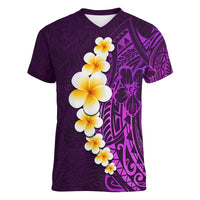 Purple Tropical Plumeria With Galaxy Polynesian Art Women V Neck T Shirt LT14 Female Purple - Polynesian Pride