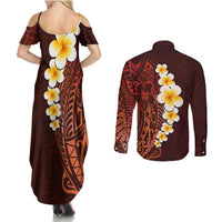 Red Tropical Plumeria With Galaxy Polynesian Art Couples Matching Summer Maxi Dress and Long Sleeve Button Shirt LT14 - Polynesian Pride