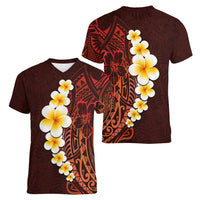 Red Tropical Plumeria With Galaxy Polynesian Art Women V Neck T Shirt LT14 - Polynesian Pride