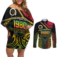 Vanuatu 1980 Couples Matching Off Shoulder Short Dress and Long Sleeve Button Shirt Hapi 45 Yia Indipendens Anivesari LT14 Black - Polynesian Pride