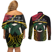 Vanuatu 1980 Couples Matching Off Shoulder Short Dress and Long Sleeve Button Shirt Hapi 46 Yia Indipendens Anivesari LT14 - Polynesian Pride