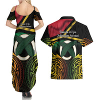 Vanuatu 1980 Couples Matching Summer Maxi Dress and Hawaiian Shirt Hapi 46 Yia Indipendens Anivesari LT14 - Polynesian Pride