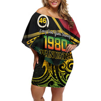 Vanuatu 1980 Family Matching Off Shoulder Short Dress and Hawaiian Shirt Hapi 46 Yia Indipendens Anivesari LT14 Mom's Dress Black - Polynesian Pride