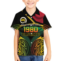 Vanuatu 1980 Family Matching Off Shoulder Short Dress and Hawaiian Shirt Hapi 46 Yia Indipendens Anivesari LT14 Son's Shirt Black - Polynesian Pride