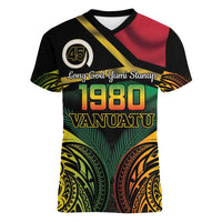 Vanuatu 1980 Women V-Neck T-Shirt Hapi 46 Yia Indipendens Anivesari LT14 Female Black - Polynesian Pride