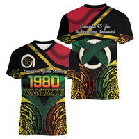 Vanuatu 1980 Women V-Neck T-Shirt Hapi 46 Yia Indipendens Anivesari LT14 - Polynesian Pride