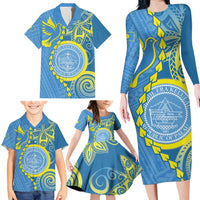 Personalised Palau Independence Day Family Matching Long Sleeve Bodycon Dress and Hawaiian Shirt Belau Coat Of Arms Polynesian Curve Style