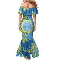 Personalised Palau Independence Day Family Matching Mermaid Dress and Hawaiian Shirt Belau Coat Of Arms Polynesian Curve Style