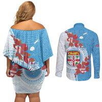 Personalised Fiji Day Couples Matching Off Shoulder Short Dress and Long Sleeve Button Shirt Fijian Tapa Pattern Mix Tagimoucia - Blue Version