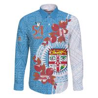 Personalised Fiji Day Family Matching Off The Shoulder Long Sleeve Dress and Hawaiian Shirt Fijian Tapa Pattern Mix Tagimoucia - Blue Version