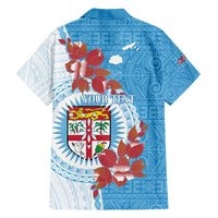 Personalised Fiji Day Family Matching Short Sleeve Bodycon Dress and Hawaiian Shirt Fijian Tapa Pattern Mix Tagimoucia - Blue Version