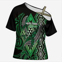 Aotearoa Iwi Ngai Tahu Personalised Cross Shoulder Shirt NZ Maori Humpback Whale Taniko Motifs LT14 Female Green - Polynesian Pride
