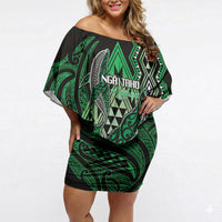 Aotearoa Iwi Ngai Tahu Personalised Off Shoulder Short Dress NZ Maori Humpback Whale Taniko Motifs LT14 Women Green - Polynesian Pride