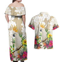 New Zealand Cacatua Galerita Couples Matching Off Shoulder Maxi Dress and Hawaiian Shirt Aotearoa Cockatoo Tropical Flowers