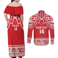 Samoa Rugby Custom Couples Matching Off Shoulder Maxi Dress and Long Sleeve Button Shirt Toa Samoa Pacific Sporty Red - Polynesian Pride