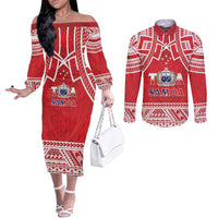 Samoa Rugby Custom Couples Matching Off The Shoulder Long Sleeve Dress and Long Sleeve Button Shirt Toa Samoa Pacific Sporty Red - Polynesian Pride