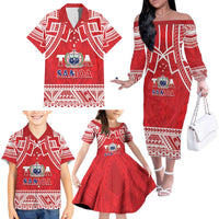 Samoa Rugby Custom Family Matching Off The Shoulder Long Sleeve Dress and Hawaiian Shirt Toa Samoa Pacific Sporty Red - Polynesian Pride