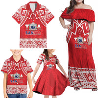 Samoa Rugby Custom Family Matching Off Shoulder Maxi Dress and Hawaiian Shirt Toa Samoa Pacific Sporty Red - Polynesian Pride