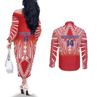 Toa Samoa Rugby Custom Couples Matching Off The Shoulder Long Sleeve Dress and Long Sleeve Button Shirt Samoa mo Samoa Polynesian Pacific Red - Polynesian Pride