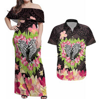 Polynesia Valentine's Day Couples Matching Off Shoulder Maxi Dress and Hawaiian Shirt Hammerhead Shark Plumeria With Polynesian Pattern LT14 Black - Polynesian Pride