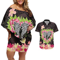Polynesia Valentine's Day Couples Matching Off Shoulder Short Dress and Hawaiian Shirt Hammerhead Shark Plumeria With Polynesian Pattern LT14 Black - Polynesian Pride