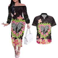 Polynesia Valentine's Day Couples Matching Off The Shoulder Long Sleeve Dress and Hawaiian Shirt Hammerhead Shark Plumeria With Polynesian Pattern LT14 Black - Polynesian Pride