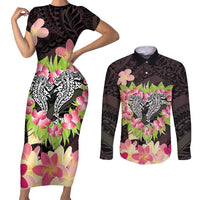 Polynesia Valentine's Day Couples Matching Short Sleeve Bodycon Dress and Long Sleeve Button Shirt Hammerhead Shark Plumeria With Polynesian Pattern LT14 Black - Polynesian Pride