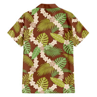 Brown Hawaii Plumeria Lei With Tropical Leaves Family Matching Off The Shoulder Long Sleeve Dress and Hawaiian Shirt