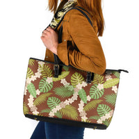 Brown Hawaii Plumeria Lei With Tropical Leaves Leather Tote Bag LT14 Brown - Polynesian Pride