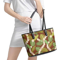 Brown Hawaii Plumeria Lei With Tropical Leaves Leather Tote Bag LT14 - Polynesian Pride
