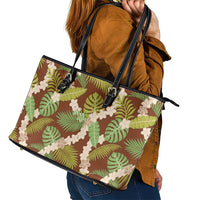 Brown Hawaii Plumeria Lei With Tropical Leaves Leather Tote Bag LT14 - Polynesian Pride