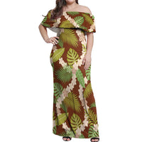 Brown Hawaii Plumeria Lei With Tropical Leaves Off Shoulder Maxi Dress LT14 Women Brown - Polynesian Pride