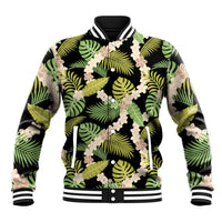 Black Hawaii Plumeria Lei With Tropical Leaves Baseball Jacket LT14 Unisex Black - Polynesian Pride