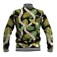 Black Hawaii Plumeria Lei With Tropical Leaves Baseball Jacket LT14 - Polynesian Pride