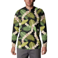 Black Hawaii Plumeria Lei With Tropical Leaves Button Sweatshirt LT14 - Polynesian Pride