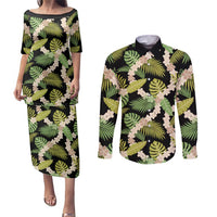 Black Hawaii Plumeria Lei With Tropical Leaves Couples Matching Puletasi and Long Sleeve Button Shirt LT14 Black - Polynesian Pride
