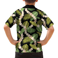 Black Hawaii Plumeria Lei With Tropical Leaves Family Matching Off The Shoulder Long Sleeve Dress and Hawaiian Shirt